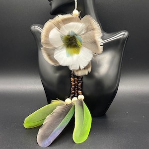 May include: A pair of feather earrings featuring a white flower design, brown wooden beads, and green and brown feathers.