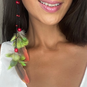 Indigenous style tribal  beaded parrot green and red  feather earrings