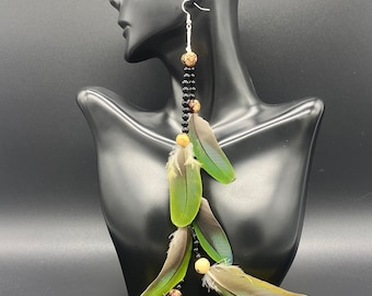 Tribal green beaded feathers earring