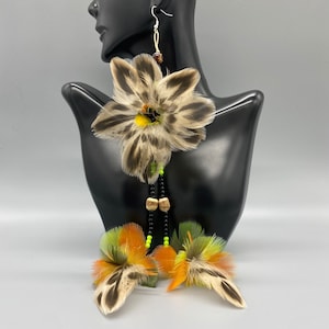 Exotic tribal bohemian  flower feathers earring