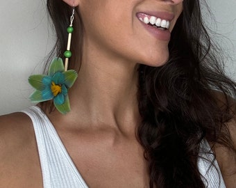 Small green ethnic tribal flower feather earring