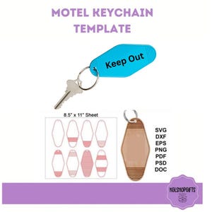 May include: A digital download template for creating motel keychain designs. The template includes eight different keychain shapes with pink and white stripes. The template is designed to be printed on an 8.5 x 11 inch sheet of paper. The template is available in SVG, DXF, EPS, PNG, PDF, PSD, and DOC formats.