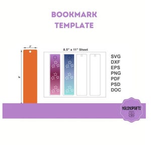 May include: A digital download template for creating bookmarks. The template includes two designs with a gradient of purple and blue with white stars, and two blank designs. The template is for an 8.5 x 11 inch sheet of paper. The file formats included are SVG, DXF, EPS, PNG, PDF, PSD, and DOC.