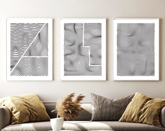 Conjunto de 3 arte de parede de linha abstrata, arte de parede de linha geométrica em preto e branco, arte de parede abstrata, arte de parede de linha moderna, decoração de casa, arte para impressão