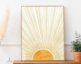 Minimalist Sun Wall Art, Sunshine Wall Art, Gold Sun Home Decor, Mid Century Modern, Bohemian Bursting Sun Rays Print, Printable Wall Art