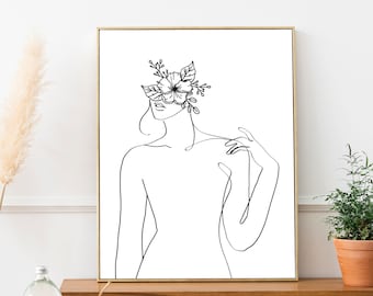 Line Art Female Woman Body, Minimalist female print, Minimal art, Printable Female flower wall art, floral wall art