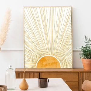 Minimalist Sun Wall Art, Sunshine Wall Art, Gold Sun Home Decor, Mid Century Modern, Bohemian Bursting Sun Rays Print, Printable Wall Art