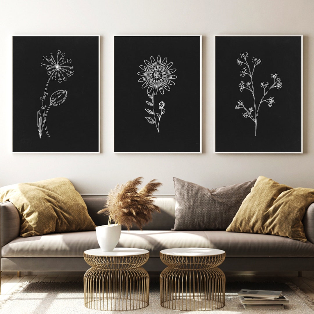 Botanical Line Art Black Flower Wall Art Set of 3 Printable Etsy
