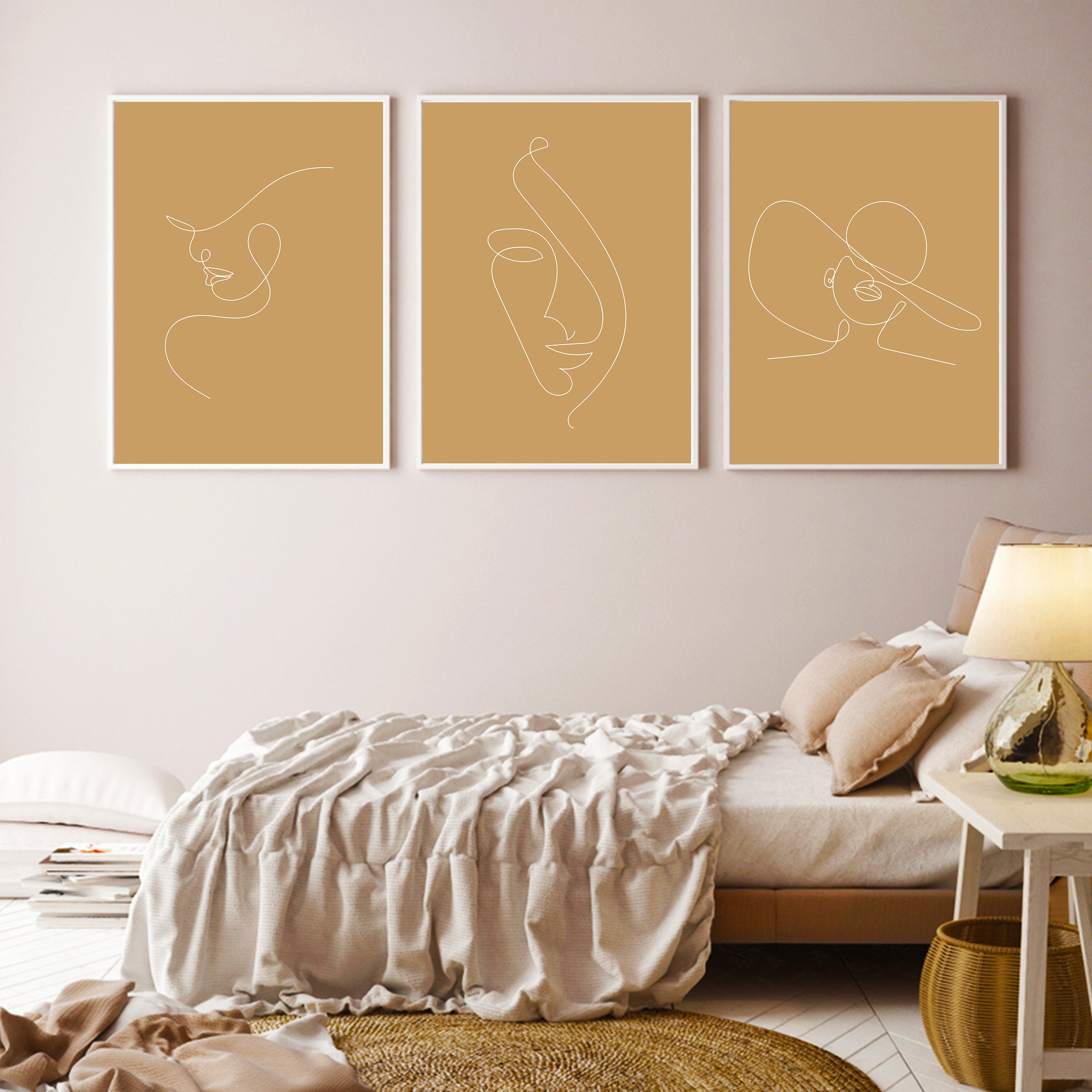 Brown Line Wall Art Set of 3, Printable Woman Line Wall Art, Woman Face ...