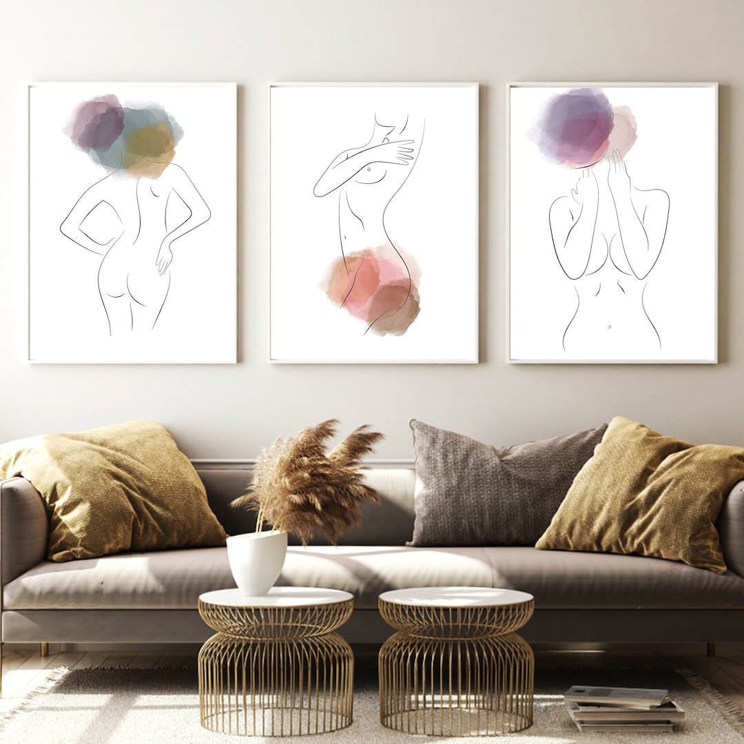 Set of 3 Watercolor Nude Line Wall Decor, Printable Female Nude Wall ...