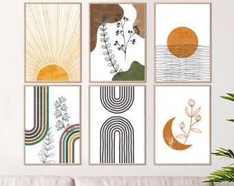 Conjunto de 6 arte de pared imprimible Boho, conjunto de pared de la galería de arte de pared Boho, descarga digital, decoración de arte de pared de impresiones modernas de mediados de siglo, arte Boho