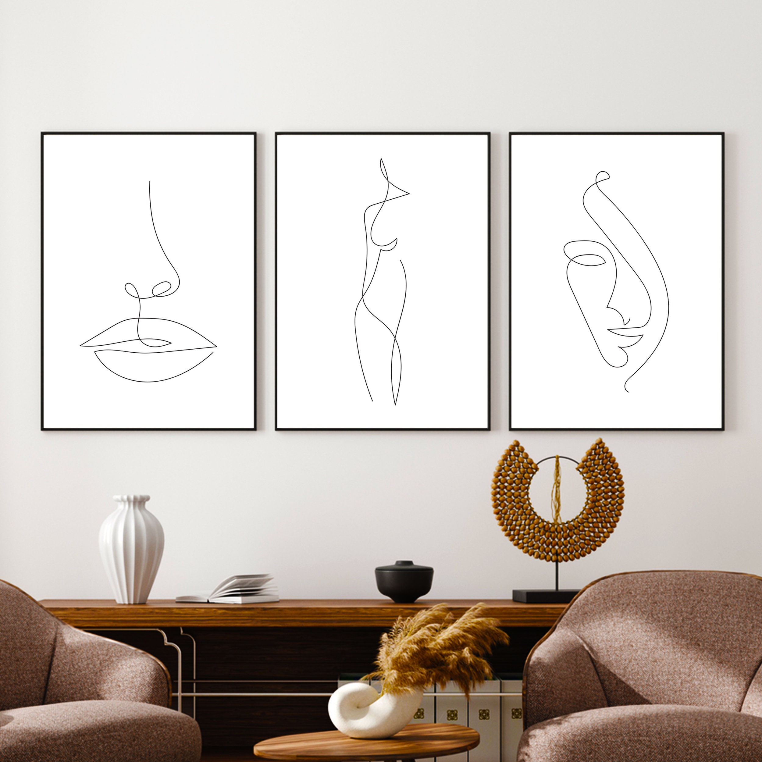 Set of 3 Woman Line Art, Female Face Line Wall Art, Line Drawing Print ...