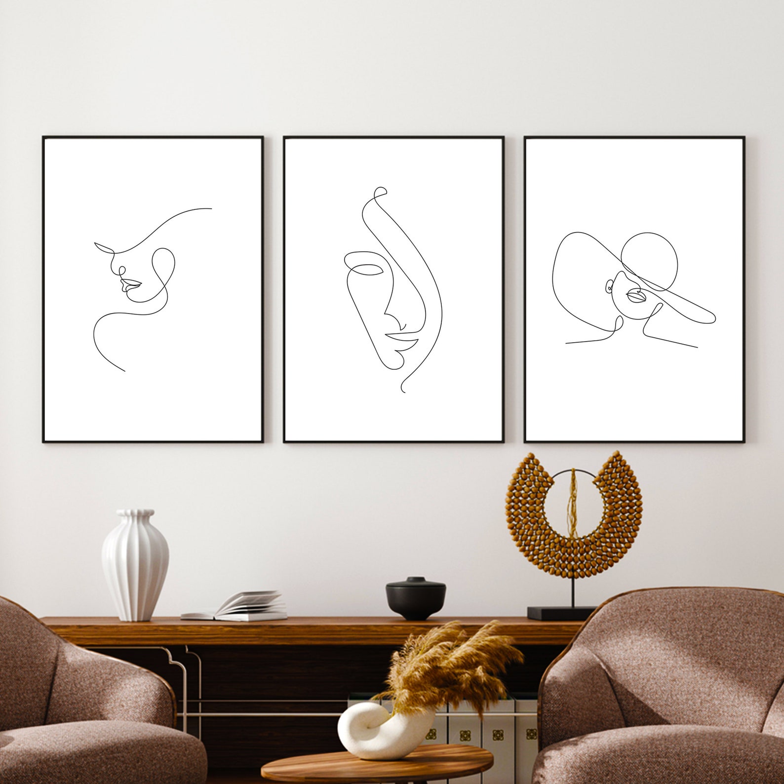 Woman Face Line Art, Set of 3 Female Line Drawing Wall Art, Female Face ...