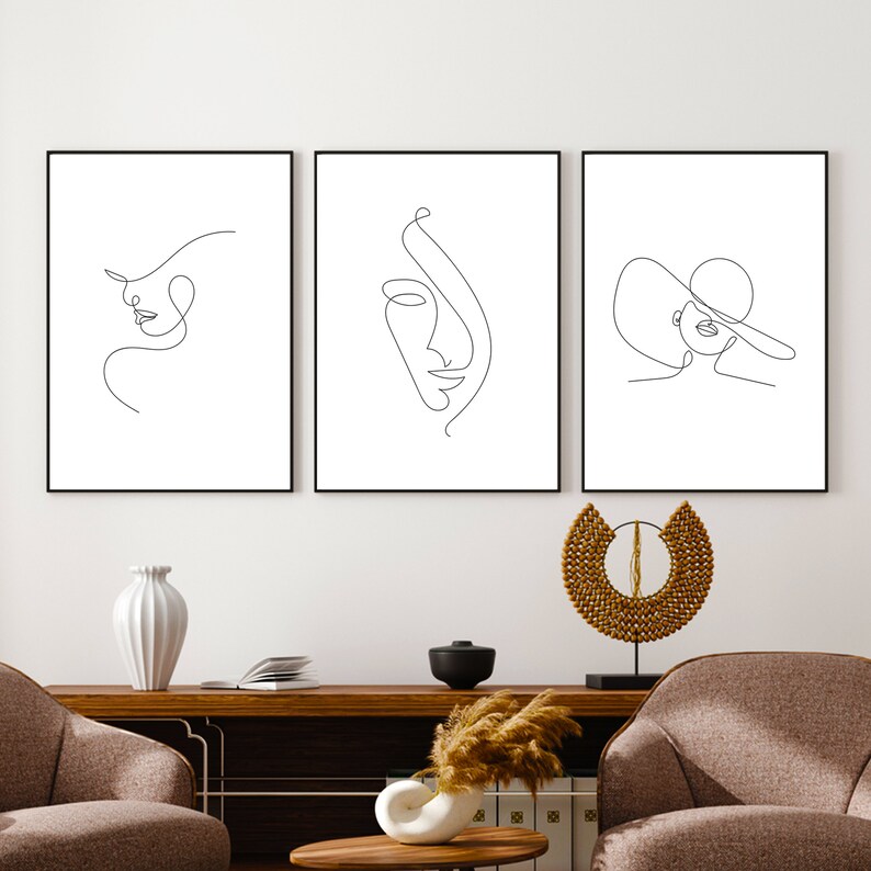Woman Face Line Art, Set of 3 Female Line Drawing Wall Art, Female Face ...