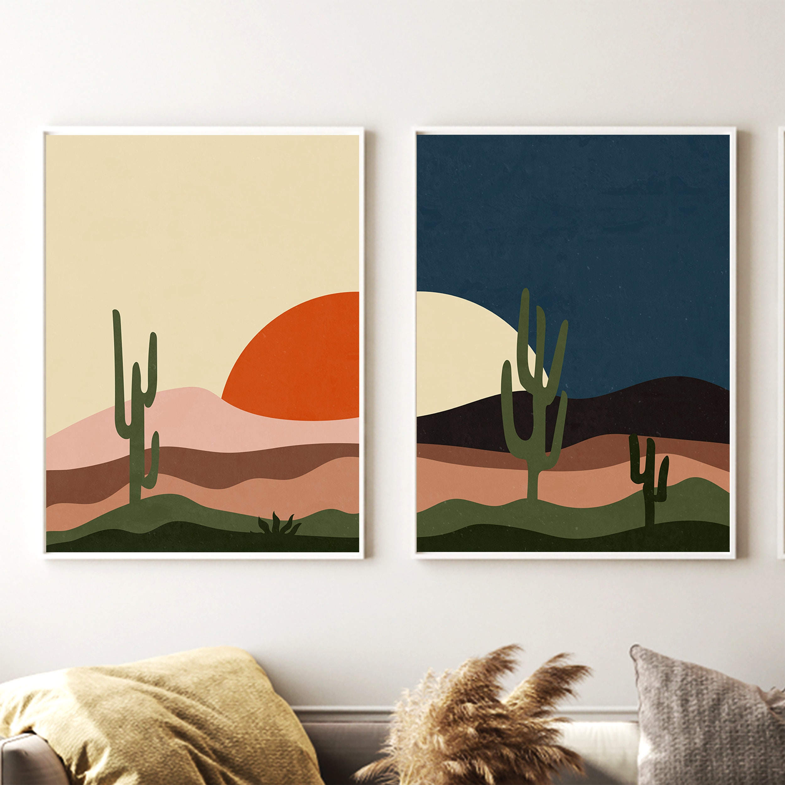 Boho Retro Desert Prints Set Of 2, Mid Century Modern Wall Art, Sun And Moon Wall Decor, Mountain Wall Art, Desert Cactus Wall Art, Prints