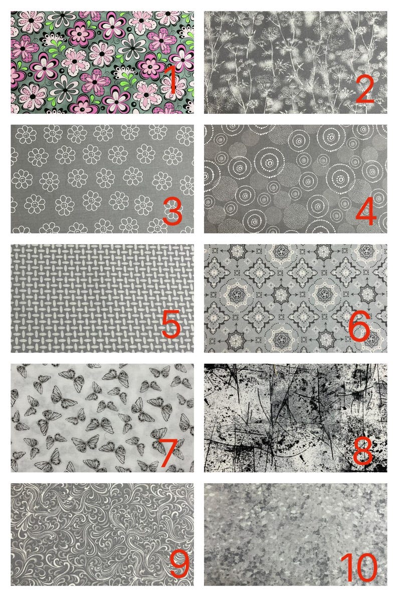May include: A collage of ten fabric swatches featuring various patterns: pink and black flowers on green, white botanical sketches on grey, white flower outlines on grey, white dotted circles on grey, a grey grid, grey geometric tiles, black butterflies on white, black abstract splatters on white, grey swirls, and a grey speckled texture.
