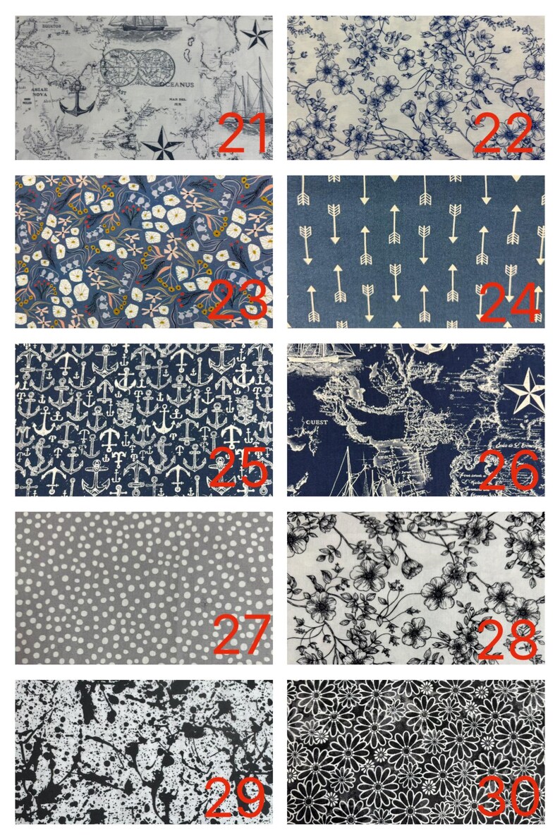 May include: A grid of ten fabric swatches labelled 21 through 30, featuring patterns including nautical maps, blue and white floral prints, arrows, anchors, grey polka dots, black and white paint splatters, and a dense white daisy floral pattern.