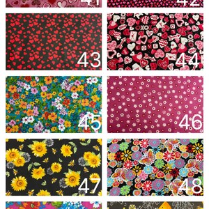 May include: A collection of ten fabric swatches labelled 41 through 50, featuring various patterns including hearts, floral prints, sunflowers, butterflies, and bees in diverse colour palettes such as pink, black, teal, and yellow.