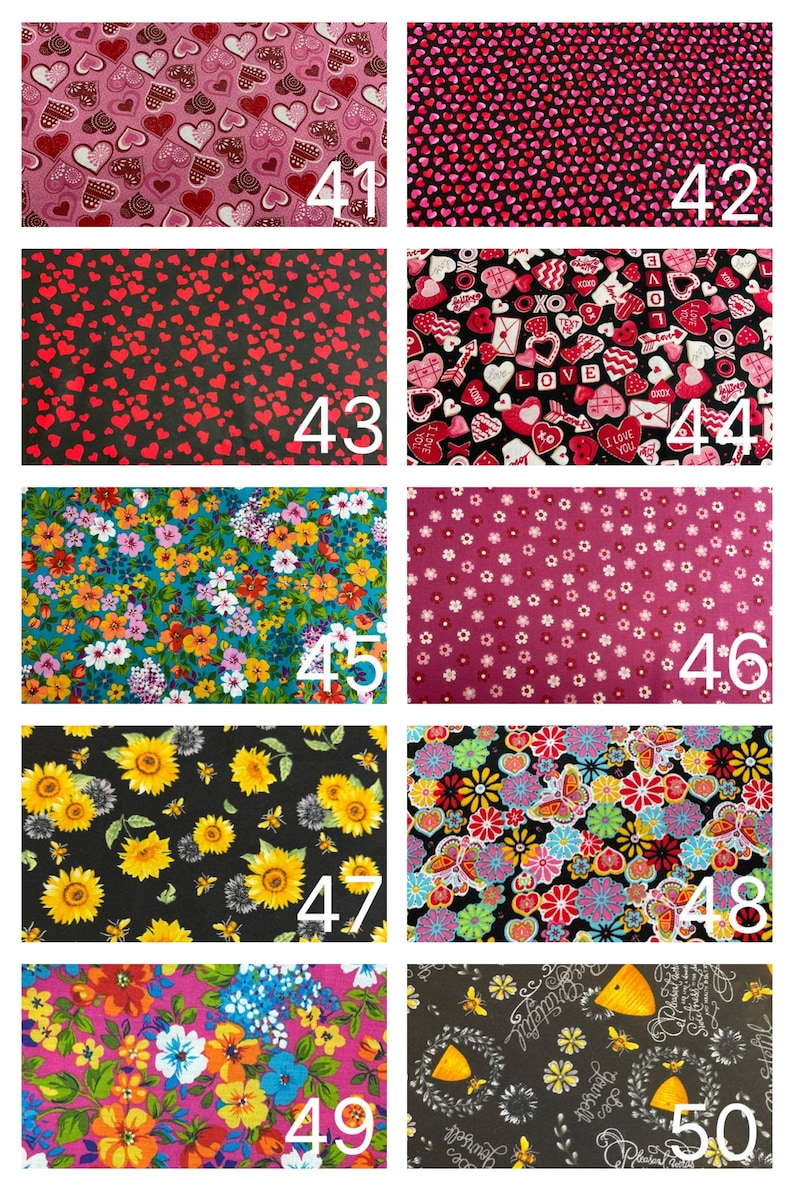May include: A collection of ten fabric swatches labelled 41 through 50, featuring various patterns including hearts, floral prints, sunflowers, butterflies, and bees in diverse colour palettes such as pink, black, teal, and yellow.