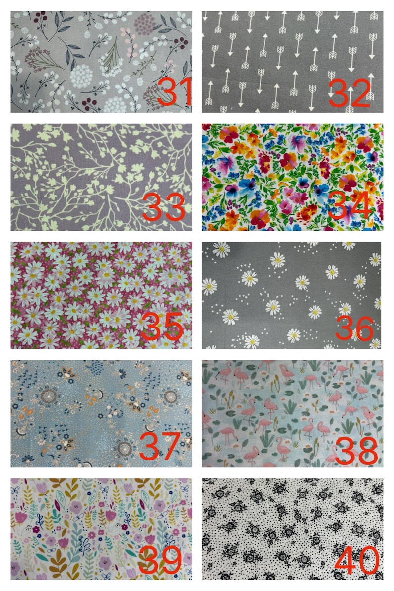 May include: A collection of ten fabric swatches featuring various patterns including floral prints, white daisies on grey, pink flamingos, white arrows on grey, and botanical designs, each labelled with a red number from 31 to 40 for identification.