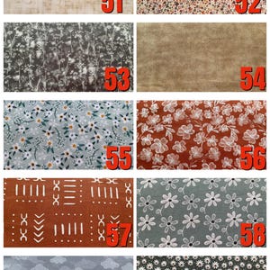 May include: A collection of ten fabric swatches featuring various patterns including floral prints, abstract botanical designs, geometric shapes, and cloud motifs in colours such as beige, brown, rust, sage green, grey, and black, each labelled 51 through 60.