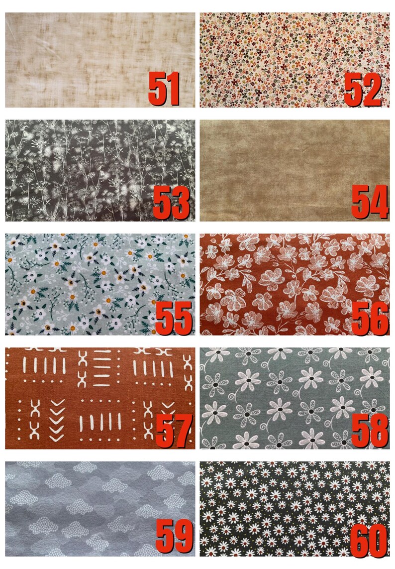 May include: A collection of ten fabric swatches featuring various patterns including floral prints, abstract botanical designs, geometric shapes, and cloud motifs in colours such as beige, brown, rust, sage green, grey, and black, each labelled 51 through 60.
