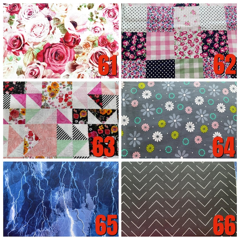 May include: A collection of six fabric swatches labelled 61 through 66. Patterns include pink and red roses, a multi-patterned patchwork quilt, a geometric triangle quilt, grey fabric with white and green daisies, blue lightning, and a black chevron print.