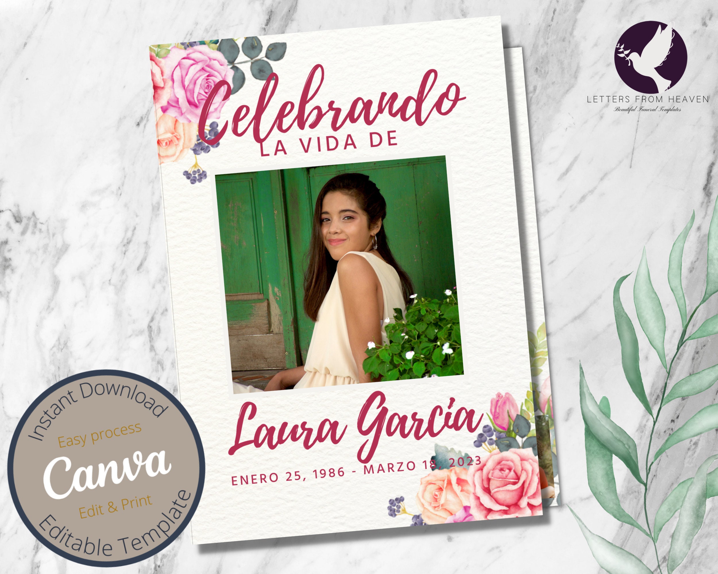 Spanish Funeral Program Template Beautiful Flowers Memorial Etsy