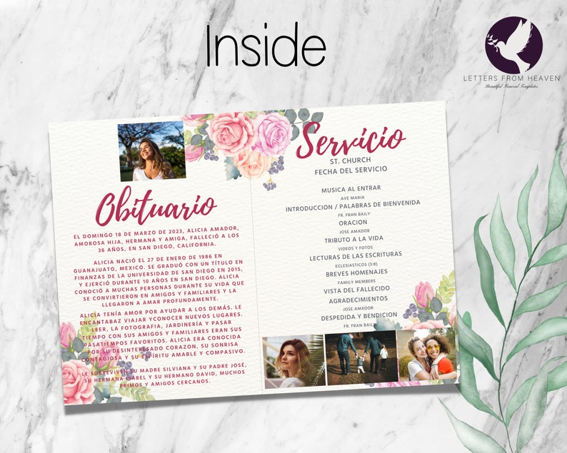 Spanish Funeral Program Template Beautiful Flowers Memorial Etsy