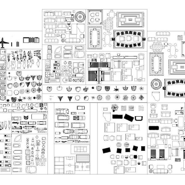 DWG Autocad 2D Einfache Blöcke für Innenarchitekten Architekturen Badezimmer Küche Büro Stellen Stühle Sofas Türen Cafe Möbel metrisch.