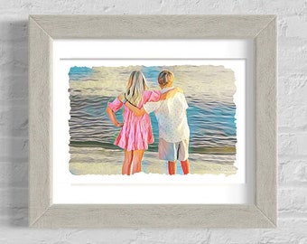 Custom Beach Portrait (Matted Print) | Memorable Gift | Mother's Day | Father's Day | Beach Illustration | Handmade | Fine Art Print