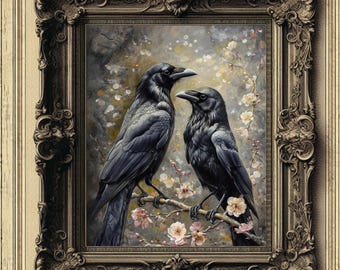 Gothic Raven-paar kunstafdruk, decor Dark Academia (digitale download)