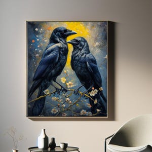 Raven Wall Art , Dark Aesthetic Raven Art Print, Digital Download, Gothic Bird Decor, Crow Artwork, Raven Pair, Crow Painting