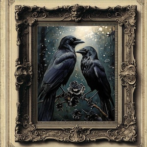 Raven Wall Art , Dark Aesthetic Raven Art Print, Digital Download, Gothic Bird Decor, Crow Artwork, Raven Pair, Crow Painting