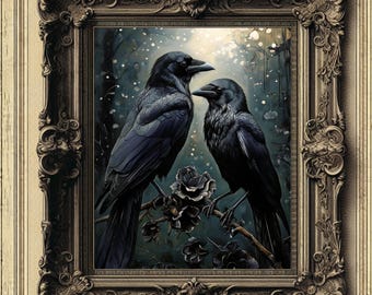 Gothic Raven Pair Art Print, Dark Bird Wall Decor (Digital Download)