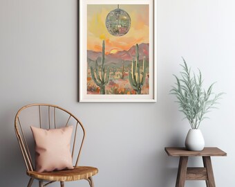 Desert Sunset Disco Ball Art Print – Whimsical Home Decor (Digital Download)