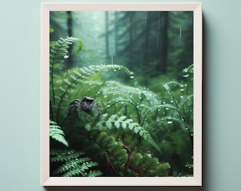 Lush Green Fern Forest Print – Rainy Woodland Scene (Digital Download)