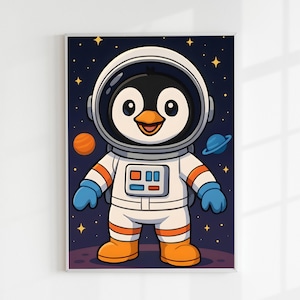 Descarga digital de pingüino astronauta: adorable dibujo de aventura espacial para niños - Descarga instantánea imprimible
