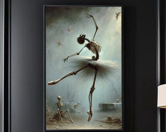 May include: A framed artwork shows a skeleton ballerina in a white tutu, mid-leap. The skeletal figure is set against a misty background with other skeletal figures and birds. The artwork is framed in a black frame.
