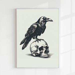 Raven Wall Art - Dark Aesthetic Raven Art Print, Digital Download, Gothic Bird Decor, Crow Artwork, Printable Wildlife Raven on skull