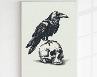 Gothic Raven on Skull Art Print – Dark Bird Decor (Digital Download)