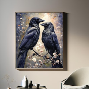Raven Wall Art , Dark Aesthetic Raven Art Print, Digital Download, Gothic Bird Decor, Crow Artwork, Raven Pair, Crow Painting