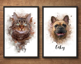 Benutzerdefinites Haustierportrait in Wasserfarben Katzenportrait Hundeportrait Aquarell gestaltetes Portrait Digital Haustier Hunde Katze