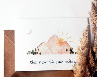 Karte "the mountains are calling", handgemalter Kunstdruck, Aquarell, Berge