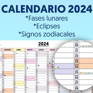 Puede incluir: Un calendario español de 2024 con una sección ampliada que muestra el mes de julio. El calendario incluye fases lunares, eclipses y signos del zodíaco.