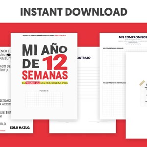 May include: A printable planner with the title "Mi Año de 12 Semanas" in red and black text. The planner is designed to help you plan your year in 12 weeks. It includes sections for your goals, commitments, and a contract. The planner is in Spanish.