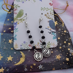 Yin and Yang Dangling  Beaded Earrings - black beads, yin and yang charm, christmas gift