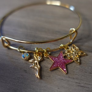 Fairy Gold Bangle Charm Bracelet - Gold Fairy, white crystal, pink glitter star, & gold butterfly, whimsical, fairycore, christmas gift