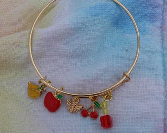 Bee with Fruit Charm Bracelet - gold bangle, banana charm, apple charm, gold bee charm, cherry charm, red bead, christmas gift