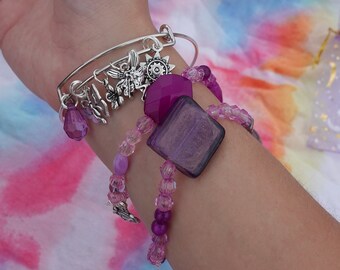 Whimsical Fairy Charm Bracelet and Purple Beaded Bracelet Set - fairy charm, butterfly charm, sun charm, fairycore, butterfly lover